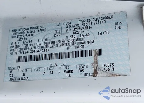 2005 Ford E-250 Commercial/Recreational z USA, uszkodzony, nr VIN 1FTNE24L35HA62847